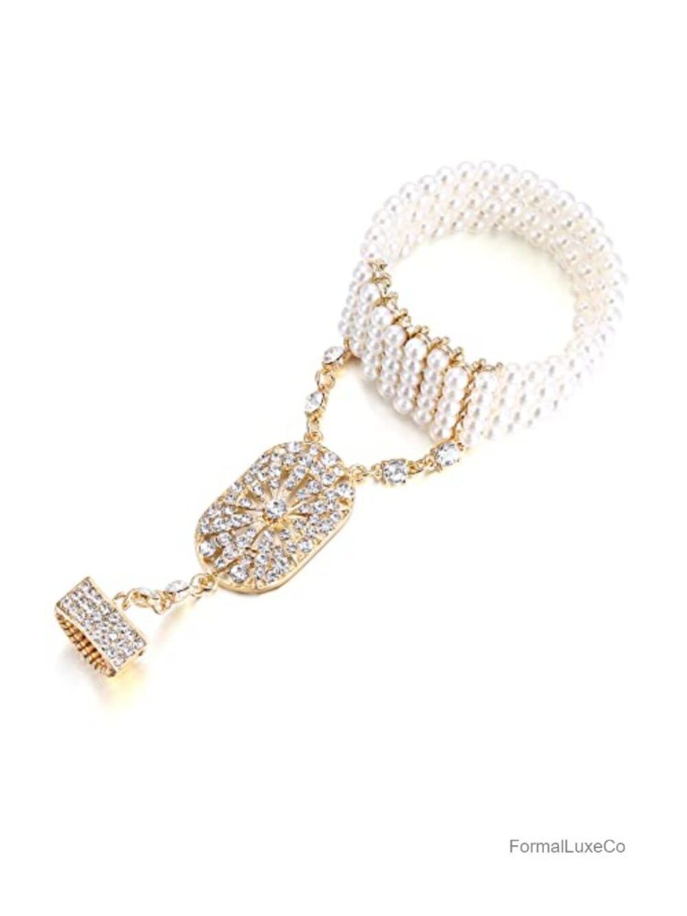 Art Deco Flower Crystal Simulated Pearl Bracelet Ring Set Gatsby Bride Prom